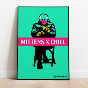 Illustration of Bernie Sanders with words "Mittens X Chill"