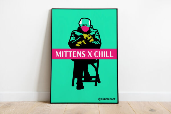 Illustration of Bernie Sanders with words "Mittens X Chill"