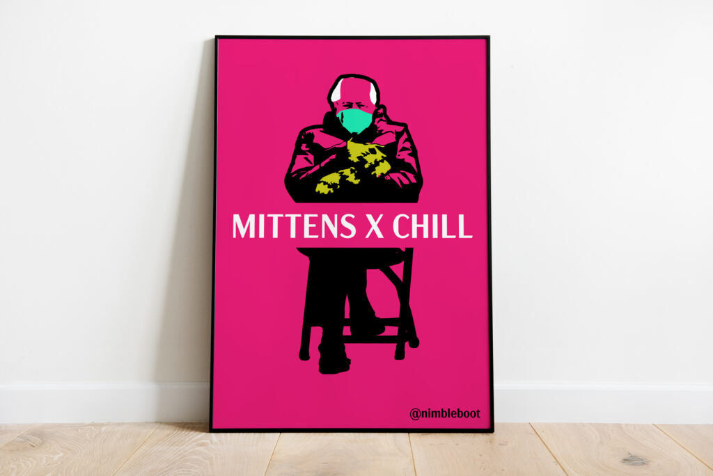 Illustration of Bernie Sanders with words "Mittens X Chill"