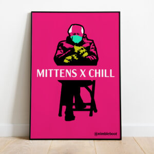 Illustration of Bernie Sanders with words "Mittens X Chill"