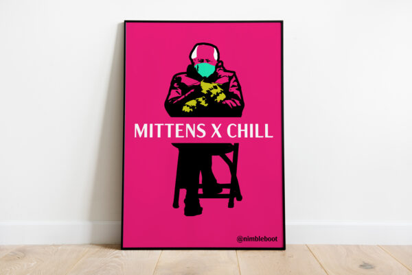 Illustration of Bernie Sanders with words "Mittens X Chill"